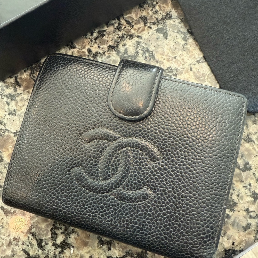 CHANEL Black Leather Bifold Wallet with Gold Logo